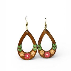 Hand-Tooled Leather Boho Teardrop Earrings with a Floral Design